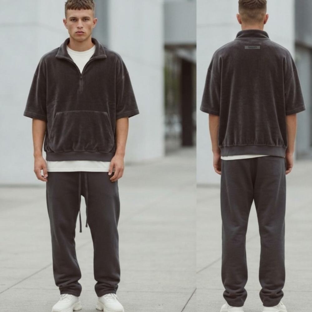 FEAR OF GOD ESSENTIALS Velour Half-Zip Short Sleeve Top M Charcoal